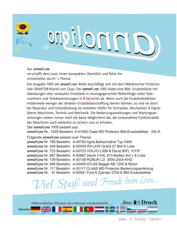 Claas Mähdrescher Protector (Senator-Klasse) Bild- Ersatzteilliste mit Explosionszeichnungen -  annoligno 1005